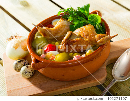 Solyanka with quail, ham, pickled cucumbers Solyanka with quail, ham, pickled cucumbers 103271107