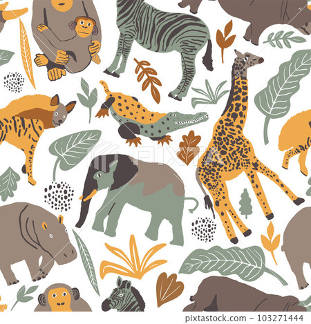 Seamless pattern illustration of cute wild safari African animals. Including giraffe, elephant, hyena, crocodile, hippo, rhinoceros zebrd cartoon doodle characters in scandinavian style. Kids Seamless pattern illustration of cute wild safari African animals. Including giraffe, elephant, hyena, crocodile, hippo, rhinoceros zebrd cartoon doodle characters in scandinavian style. Kids 103271444