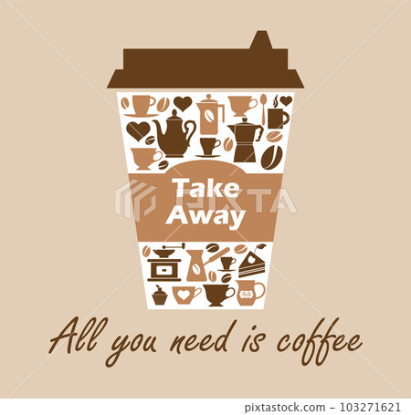 Vector illustration coffee cup icon on biege background. Coffee cup logo with icons Take away cuo of cofe 103271621