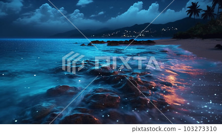 Ocean shore at night the water is full of dinoflagellat Ocean shore at night the water is full of dinoflagellat 103273310