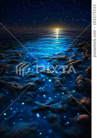Ocean shore at night the water is full of dinoflagellat 103273313
