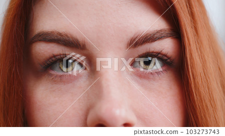 Close-up macro portrait of young woman face smiling, redhead girl eyes looking at camera blink wink 103273743