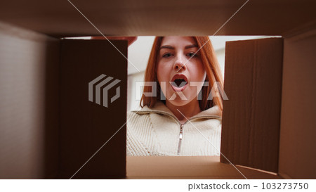 Happy young woman shopper unpacking cardboard box delivery parcel online shopping purchase at home Happy young woman shopper unpacking cardboard box delivery parcel online shopping purchase at home 103273750
