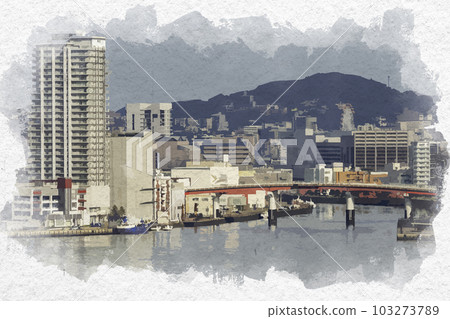 Watercolor style Nagasaki city area Nagasaki Port from Glover Garden Urakami River mouth Nagasaki City, Nagasaki Prefecture 103273789