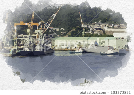 Watercolor style Nagasaki Nagasaki Shipyard from Glover Garden Destroyer Nagasaki City, Nagasaki Prefecture 103273851