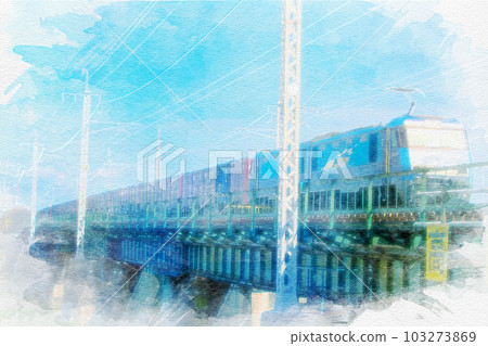 [Aichi Prefecture] Watercolor painting of a freight train on the Chuo Main Line in Nagoya City 103273869