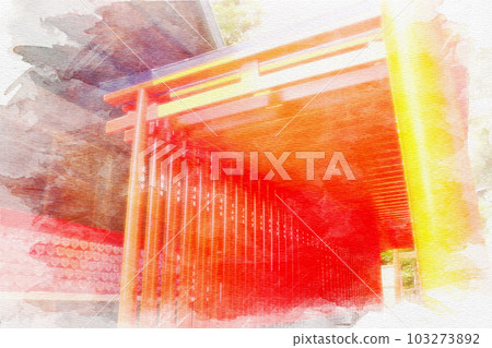 [愛知縣]犬山市三光稻荷神社鳥居水彩畫 103273892