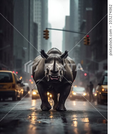 Mighty Rhinoceros Charging Through Rainy Streets of New York. Generative ai Mighty Rhinoceros Charging Through Rainy Streets of New York. Generative ai 103274862