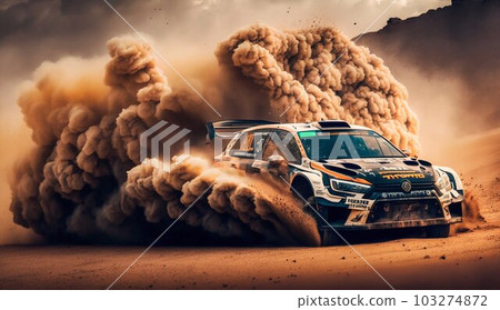 Rally Car Driving in Dirt, Causing Black Clouds of Dust. Generative ai Rally Car Driving in Dirt, Causing Black Clouds of Dust. Generative ai 103274872
