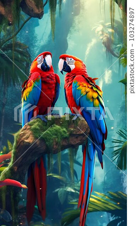 Couple of Vibrant and Colorful Macaws, Perched on Tropical Tree Branches. Generative ai Couple of Vibrant and Colorful Macaws, Perched on Tropical Tree Branches. Generative ai 103274897