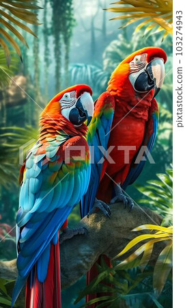 Couple of Vibrant and Colorful Macaws, Perched on Tropical Tree Branches. Generative ai 103274943