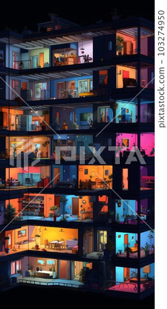 Illuminated Interior Colorful Apartment at Night with Many Balconies. Generative ai Illuminated Interior Colorful Apartment at Night with Many Balconies. Generative ai 103274950