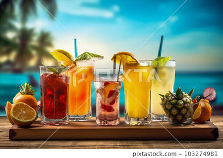 Tropical Drinks on Wooden Outdoor Beach Bar Menu. Generative ai 103274981