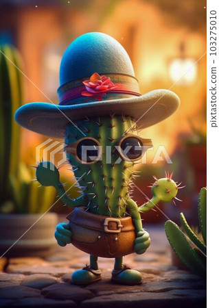 Cactus Cartoon Character Wearing Sombrero. Generative ai 103275010
