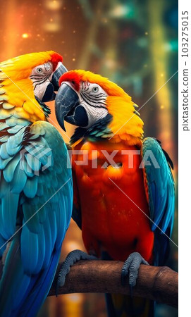 Couple of Vibrant and Colorful Macaws, Perched on Tropical Tree Branches. Generative ai Couple of Vibrant and Colorful Macaws, Perched on Tropical Tree Branches. Generative ai 103275015