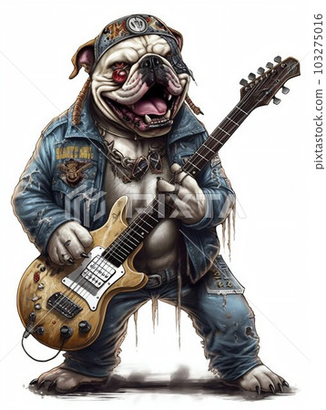 Screaming Bulldog Playing Electric Guitar Metal Music. Generative ai 103275016
