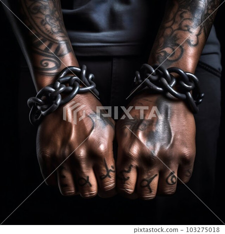Black Prisoners Tattoo Hands Wrists in Shackles. Generative ai 103275018