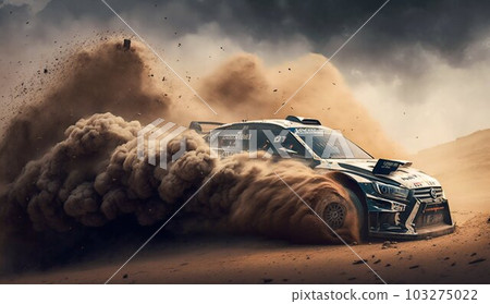 Rally Car Driving in Dirt, Causing Black Clouds of Dust. Generative ai Rally Car Driving in Dirt, Causing Black Clouds of Dust. Generative ai 103275022