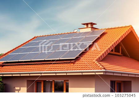 House with Solar Panels on the Roof, Clear Sky. Generative ai 103275045