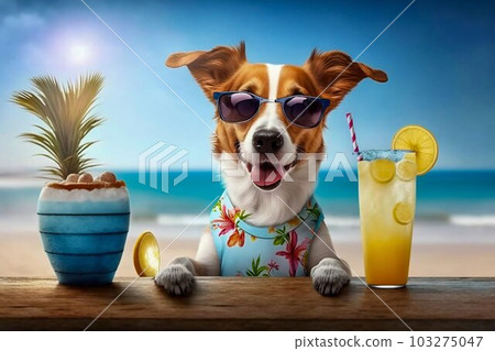 Funny Dog Drinking Cocktails at Beach Bar with Ocean View Background. Generative ai 103275047