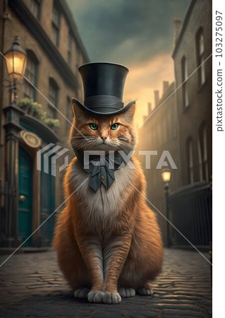 Victorian cat with a top hat posing on the streets of old London. Generative AI 103275097