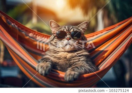 Cat with Sunglasses Relaxing on a Hammock. Generative ai Cat with Sunglasses Relaxing on a Hammock. Generative ai 103275124