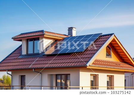House with Solar Panels on the Roof, Clear Sky. Generative ai House with Solar Panels on the Roof, Clear Sky. Generative ai 103275142