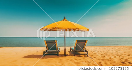 Chairs and Umbrella on Summer Beach Panorama Background. Generative ai 103275155