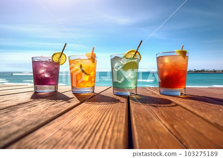 Tropical Drinks on Wooden Outdoor Beach Bar Menu. Generative ai 103275189