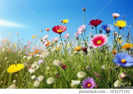 Flower Meadow in Spring with Clear Blue Sky. Generative ai Flower Meadow in Spring with Clear Blue Sky. Generative ai 103275191