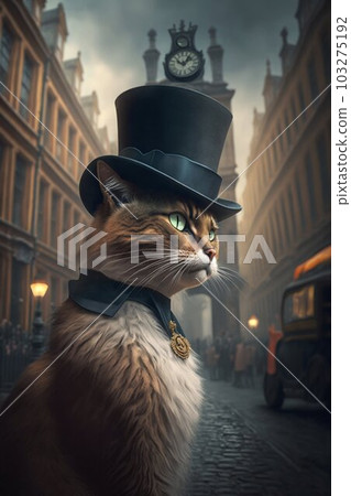 Victorian cat with a top hat posing on the streets of old London. Generative AI Victorian cat with a top hat posing on the streets of old London. Generative AI 103275192