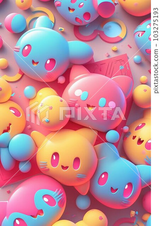 Kawaii Cute Happy Characters Illustration in Neon Pink, Blue, Yellow Colors. Kawaii Cute Happy Characters Illustration in Neon Pink, Blue, Yellow Colors. 103275193