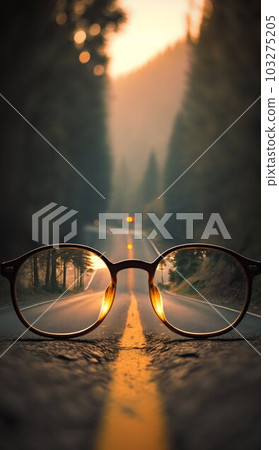 Road Leading to Source of Light behind Eyeglasses with Blurred Background. Generative ai 103275205
