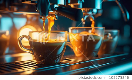 Espresso Machine Pouring Coffee into Cup Close-up. Generative ai Espresso Machine Pouring Coffee into Cup Close-up. Generative ai 103275246