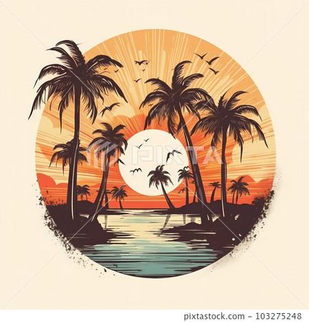 Retro Sunset Beach Design with Palm Trees Logo. Generative ai 103275248