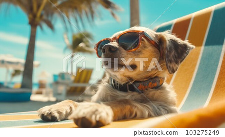 Dog Puppy Lying on Sunbed Sunbathing at Beach Sea on Summer Vacation. Generative ai 103275249