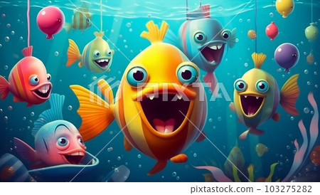 Happy Fishes at an Underwater Party. Generative ai 103275282