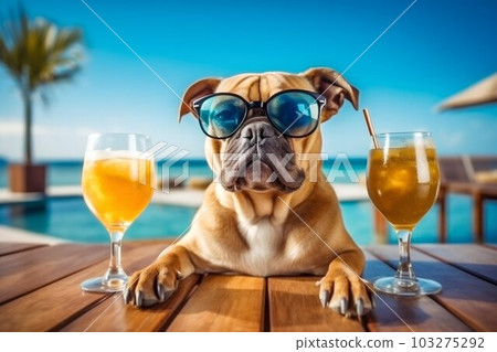Funny Dog Drinking Cocktails at Beach Bar with Ocean View Background. Generative ai 103275292