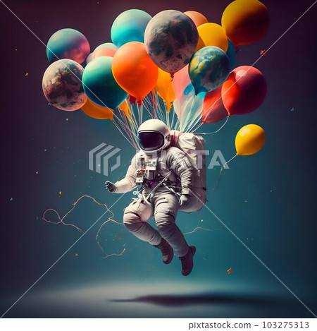 Astronaut Floating with Colorful Balloons in Space. Generative ai 103275313