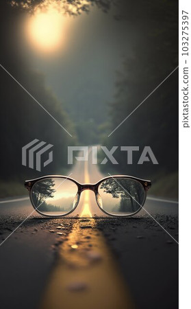 Road Leading to Source of Light behind Eyeglasses with Blurred Background. Generative ai Road Leading to Source of Light behind Eyeglasses with Blurred Background. Generative ai 103275397