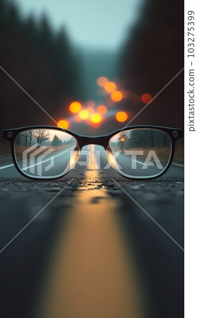 Road Leading to Source of Light behind Eyeglasses with Blurred Background. Generative ai Road Leading to Source of Light behind Eyeglasses with Blurred Background. Generative ai 103275399