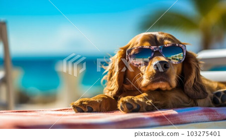 Dog Puppy Lying on Sunbed Sunbathing at Beach Sea on Summer Vacation. Generative ai 103275401