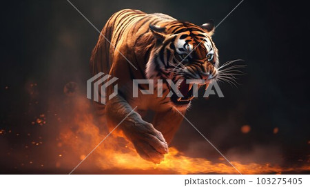 Dangerous Bengal Tiger Roaring and Jumping Isolated on White