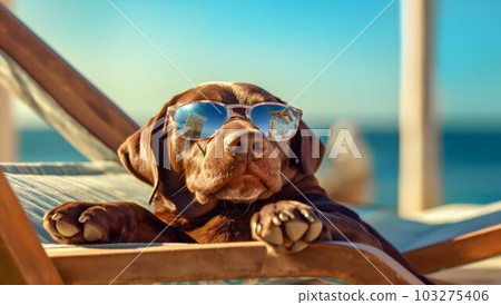 Dog Puppy Lying on Sunbed Sunbathing at Beach Sea on Summer Vacation. Generative ai 103275406