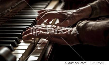 Hands playing a grand piano closeup with a dramatic interplay of light and shadow highlighting. Generative AI 103275410