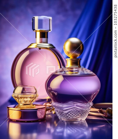 Pink Skin and Perfume Bottle with Blue Lid in Light Purple and Gold Style. Generative ai Pink Skin and Perfume Bottle with Blue Lid in Light Purple and Gold Style. Generative ai 103275438