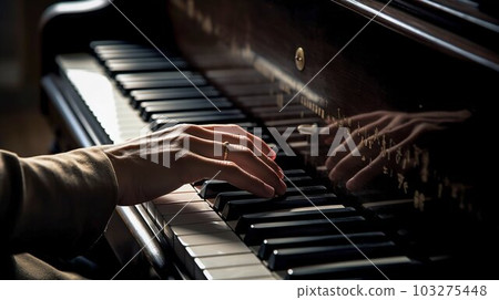 Hands playing a grand piano closeup with a dramatic interplay of light and shadow highlighting. Generative AI 103275448