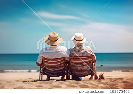 Relaxed Senior Couple in chair on Beach with Blue Sky. Generative ai Relaxed Senior Couple in chair on Beach with Blue Sky. Generative ai 103275461