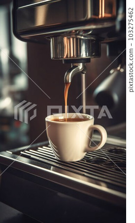 Espresso Machine Pouring Coffee into Cup Close-up. Generative ai Espresso Machine Pouring Coffee into Cup Close-up. Generative ai 103275462