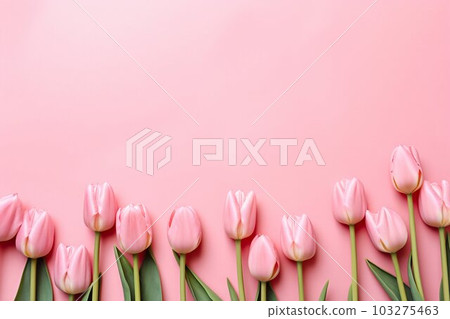 Spring Tulip Flowers on Pink Background, Top View in Flat Lay Style. Generative ai Spring Tulip Flowers on Pink Background, Top View in Flat Lay Style. Generative ai 103275463